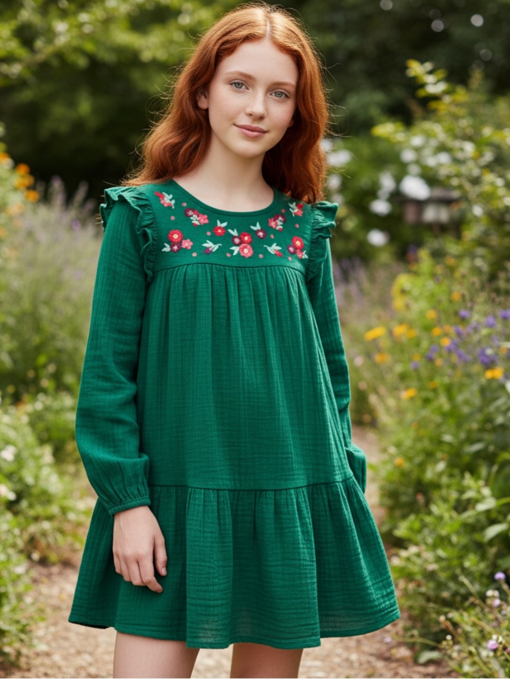 Cat & Jack Emerald Green Floral-Embroidered Long Sleeve Dress